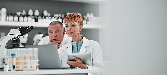 Image showing Science, banner and team with technology in laboratory to research solution, investigation and review medical data with mockup space. Scientists planning digital information on tablet, laptop or test