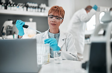 Image showing Scientist, woman and dropper with test tube in laboratory for medical investigation, chemistry research or vaccine. Science, worker and dna analysis for medicine, innovation or healthcare development