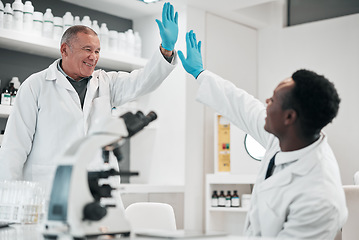 Image showing Science men, high five and together in lab, smile or partnership for goals, results or innovation at job. Senior scientist and mentorship with teamwork, congratulations or success in medical research