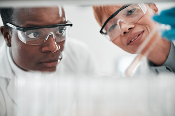 Image showing Teamwork, medical and scientists with research, test tube and conversation with experiment, sample and results. Black man, woman and staff with analysis, vaccine development and cure with cooperation