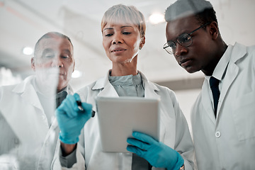 Image showing Doctors, tablet and woman writing and planning ideas on glass board in hospital for collaboration. Medical staff, diversity or team with tech for healthcare strategy, brainstorming or science meeting