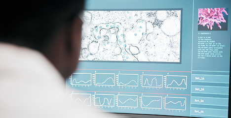 Image showing Computer screen, medical and research with scientist, bacteria and data analysis with experiment results. Person, researcher or pc with particles, laboratory equipment and monitor with cells or virus
