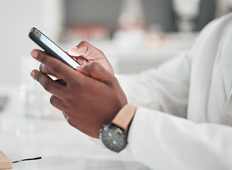 Image showing Doctor, healthcare person and hands with a phone for online communication, email or website. Closeup of medical worker with smartphone typing a message for telehealth, social media search or network