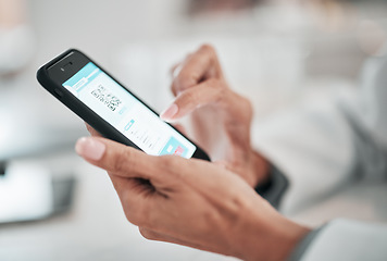 Image showing Doctor, hands and code on screen of phone with mobile app, results and click online for vaccine verification or information. Scroll, cellphone and healthcare website, ux and medical barcode or test