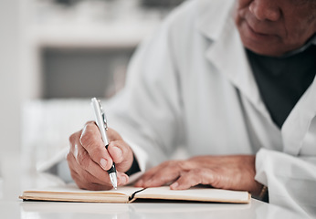 Image showing Scientist, writing and planning in notebook for healthcare research, data analysis and goals. vaccine solution or ideas. Hands of science person or doctor for laboratory notes or medical information