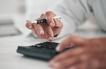 Image showing Businessman, typing and hands with a calculator and pen for profit, numbers or working on tax, income or finance report. Accounting, calculations or person with financial budget, planning or saving