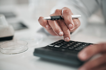 Image showing Businessman, writing and hands with a calculator and pen for profit, numbers or working on tax, income or finance report. Accounting, calculations or person with financial budget, planning or saving