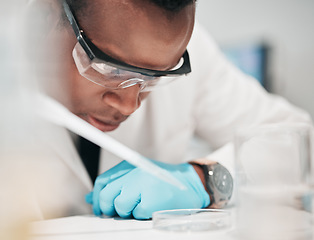 Image showing Scientist, black man and pipette for medical science research, medicine pharmacy or dna blood engineering. Study, dropper or equipment in healthcare analytics test or future vaccine innovation