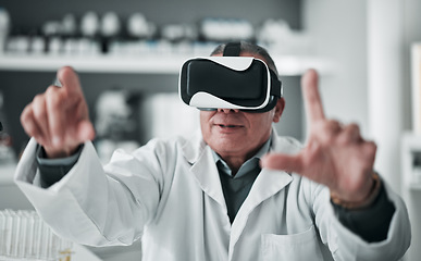 Image showing Virtual reality glasses, man and medical with research, futuristic and scientist with digital experience. Person, researcher and doctor with VR eyewear, healthcare metaverse and 3d software in a lab