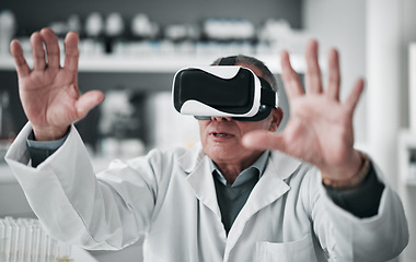 Image showing Virtual reality glasses, man and medical with research, science or healthcare metaverse with digital experience. Doctor, researcher or employee with VR eyewear, data analytics or 3d software in a lab