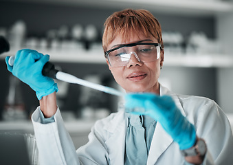 Image showing Black woman, scientist and pipette for medical science research, medicine pharmacy or dna blood engineering. Study, dropper or equipment in healthcare analytics test or future vaccine innovation