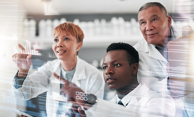 Image showing Scientist, team and digital overlay for laboratory research, data analytics or healthcare information in futuristic technology. Medical people in science, expert analysis and touch screen on software