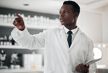 Image showing Tablet, future and a science black man using a dashboard in a laboratory for research or innovation. Metaverse. technology and healthcare with a medicine professional working in a hospital lab