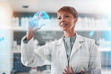 Image showing Woman, medical and research with hologram, futuristic or check results with connection, chemistry or digital app. Person, scientist or future with data analysis holographic or overlay with experiment