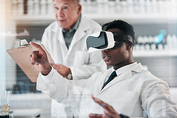 Image showing Scientist, team and VR or futuristic glasses for laboratory research, data analytics or healthcare training. Medical people or science mentor with checklist, virtual reality and overlay for software