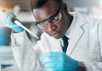 Image showing Black man, scientist and pipette for medical science research, medicine pharmacy or dna blood engineering. Study, dropper or equipment in healthcare analytics test or future vaccine innovation