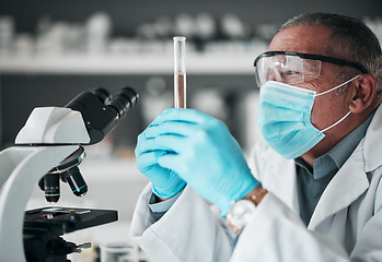 Image showing Research, senior scientist in lab with test tube and microscope for covid drug or pharmaceutical study. Science, laboratory and mature man with mask, vaccine in glass and medical analysis development