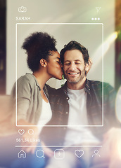 Image showing Couple, kiss and social media picture on camera, care and bonding together. Love, intimate and happy man and woman post photo on internet for interracial connection, smile and relationship in home