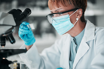 Image showing Microscope slide, woman and research with medical, mask and data analysis with biotechnology, vaccine and dna. Person, scientist and employee with face cover, laboratory equipment and review sample