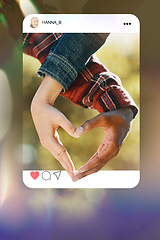 Image showing Social media post, heart hands and couple with like emoji, photography and happy relationship announcement. Love icon status, man and woman in story overlay, influencer and content creation update.