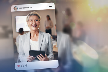 Image showing Tablet, business and social media with a senior woman on screen for management, leadership or double exposure. Profile picture, status or update and a confident corporate CEO on a display with space
