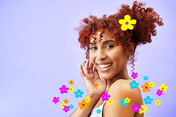 Image showing Beauty, hologram and portrait of woman with flowers for wellness, skincare and facial in studio. Dermatology, mockup space and face of person on purple background with overlay for cosmetics or makeup