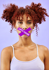 Image showing Cancel culture, overlay and silence with portrait of woman with tape in studio for censorship, social media and cyber bullying. Free speech, opinion and voice with person on purple background