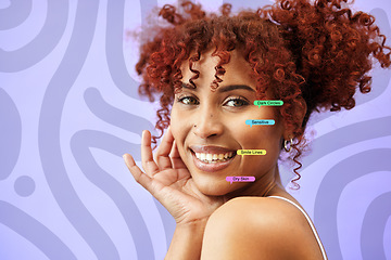 Image showing Beauty, overlay and portrait of woman with label for skincare, facial treatment and wellness in studio. Dermatology, mockup and face of person for anti aging, makeup and cosmetics on blue background