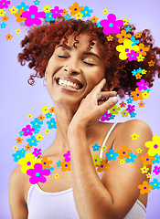 Image showing Beauty, hologram and face of woman with flowers for wellness, skincare and facial in studio. Dermatology overlay, spa aesthetic and happy person on purple background for cosmetics, smile and makeup