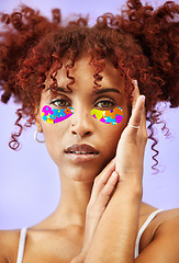 Image showing Beauty, hologram and portrait of woman with eye mask for wellness, skincare and facial care in studio. Dermatology, flowers and face of person on purple background for makeup, salon and cosmetics