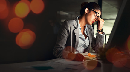 Image showing Business, night and woman with a headache, overlay and overworked with financial audit, tax and pain. Person, employee and worker with a migraine, tired and burnout with stress, dark and frustrated