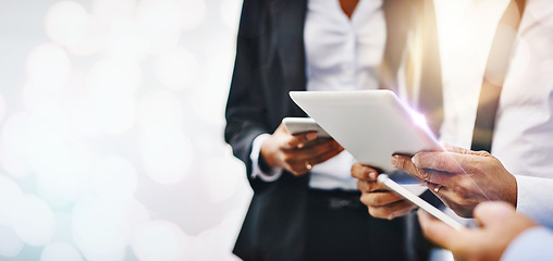 Image showing Mockup, tablet and hands of business people in office online for planning, social networking and internet. Banner space, teamwork and worker on technology for research, website and email for contact