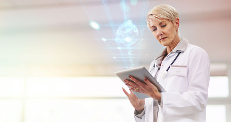 Image showing Woman, doctor and tablet with global hologram, digital transformation and healthcare tech innovation. Analysis, overlay and mockup space, senior with 3D and online hospital system for future health