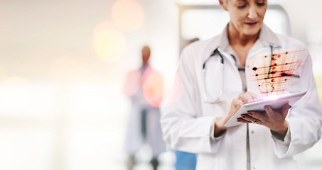 Image showing Senior woman, doctor and tablet with hologram, blood test and digital transformation with healthcare and innovation. Medical research, overlay and mockup space, online with 3D and futuristic health