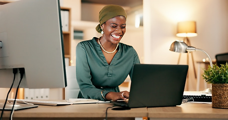 Image showing Winning, yes and happy woman on laptop in night news, international success or Nigeria business celebration. African person or winner fist pump for stock market, trading or career bonus on computer