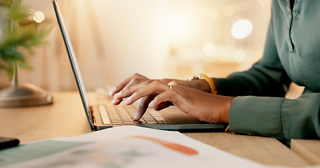 Image showing Night, laptop and woman hands typing on keyboard for online market research, planning and website copywriting. Busy person working on computer for blog article, information or digital report deadline