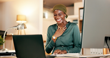 Image showing Winning, yes and happy woman on laptop in night news, international success or Nigeria business celebration accomplishment. African person or winner for stock market, trading or career bonus on compu