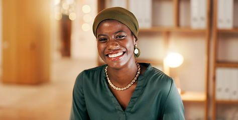 Image showing Face of black woman in office at night working on computer for international, global or online internet company. Portrait of professional person in Nigeria on desktop happy for career, job or project