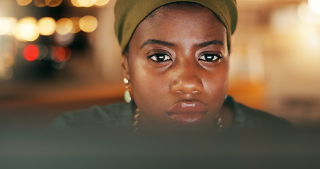 Image showing Face, reading and computer with a business black woman in her office, working on a report, review or proposal. Search, email or schedule with a young employee doing research while looking at a screen