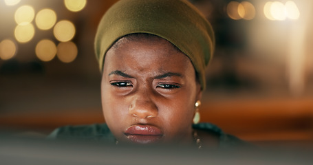 Image showing Face, reading frown and computer with a business black woman in her office, working on a report, review or proposal. Search, email or schedule with a young employee doing research while looking at a