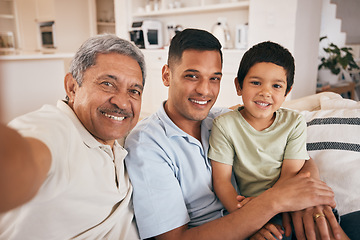 Image showing Family, selfie and living room with a smile, dad and child together with grandpa and love. Bonding, sofa and happy father with a young boy and senior man with photo for social media post with kid