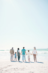 Image showing Big family, beach and summer vacation on mockup in travel, outdoor holiday or together on sunny day. Rear view of parents, grandparents or kids on ocean coast in fun bonding or break at sea in nature