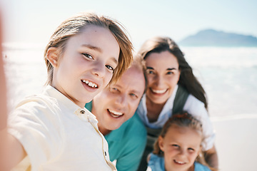 Image showing Parents, kids and beach selfie with smile, portrait or care with bonding, love and sunshine on vacation memory. Mom, father and children by sea, waves or social media on holiday for summer in Spain