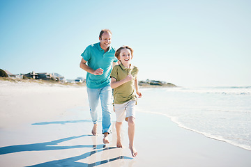 Image showing Running, games and happy with family on beach for energy, freedom and summer vacation. Love, relax and adventure with people playing on seaside holiday for health, bonding and travel together