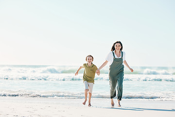 Image showing Running, holding hands and mother with child on beach for energy, freedom and summer vacation mockup. Love, relax and adventure with family on seaside holiday for health, bonding and games together