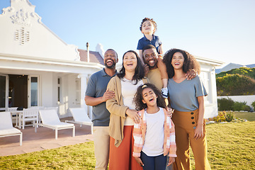 Image showing Parents, grandparents and children outdoor at a house laughing together on funny vacation in summer. Interracial family at a holiday home with happiness of men, women and kids for generation love
