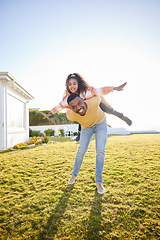 Image showing Father, girl child and piggy back for plane on grass, garden or outdoor in summer, bonding and portrait. Dad, kid and happy for game, love and care in backyard, park or field for airplane in sunshine