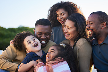 Image showing Children, parents and grandparents laughing outdoor at park to relax for summer vacation. African men, women and kids or funny family together for holiday with love, care and fun bonding in nature