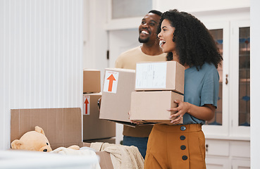 Image showing Excited black couple, box and moving in new home, investment or property together in happiness. African man and woman smile with boxes in renovation, relocation or house mortgage and apartment loan