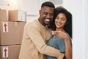 Image showing Happy black couple, keys and real estate for new home, property or investment in goals or mortgage together. Excited man and woman holding access to house, apartment or building for room or rent